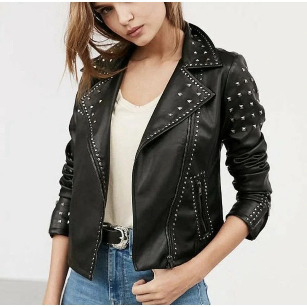 Silence + Noise Irina Studded Embroidered Faux Leather Jacket Black SZ XS - Picture 7 of 13